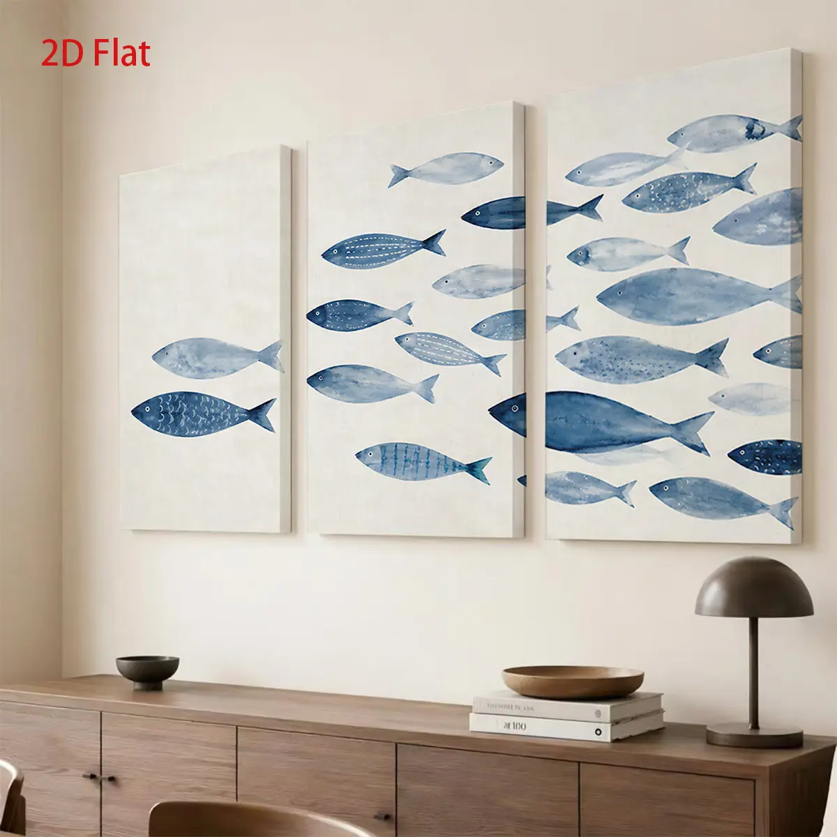 2D Print, 3-Piece Set - Pattern of blue fish swimming on a white panel. Themed canvas wall art print - Room decoration, suitable for Father's Day, Mother's Day, Independence Day, graduation season, birthdays, graduation and back-to-school season, room dec