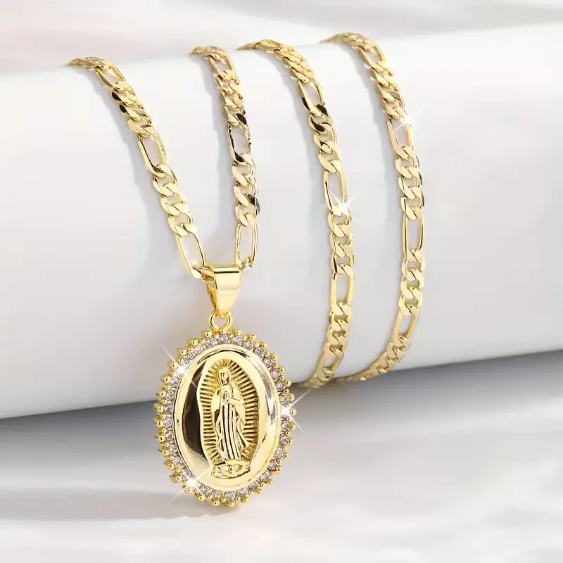 14K Gold Plated Our Lady of Guadalupe Pendant Necklace, Durable Cubic Zirconia Virgin Mary Jewelry – 50CM + 5CM Extender Chain, Perfect for Daily Wear, Parties & Special Occasions