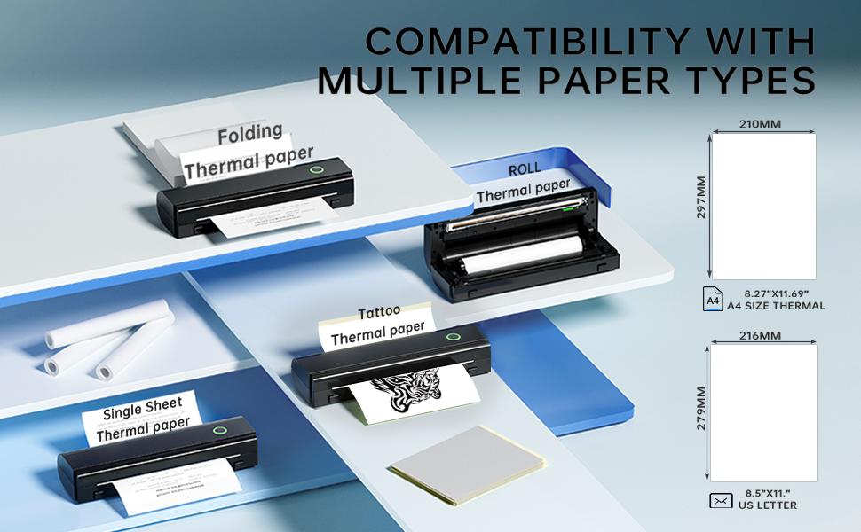 Portable Printers Wireless for Travel, N80 Wireless Thermal Printer Bluetooth Inkless Printer Support 8.5" X 11" US Letter & A4, Compatible with iOS, Android, Laptop