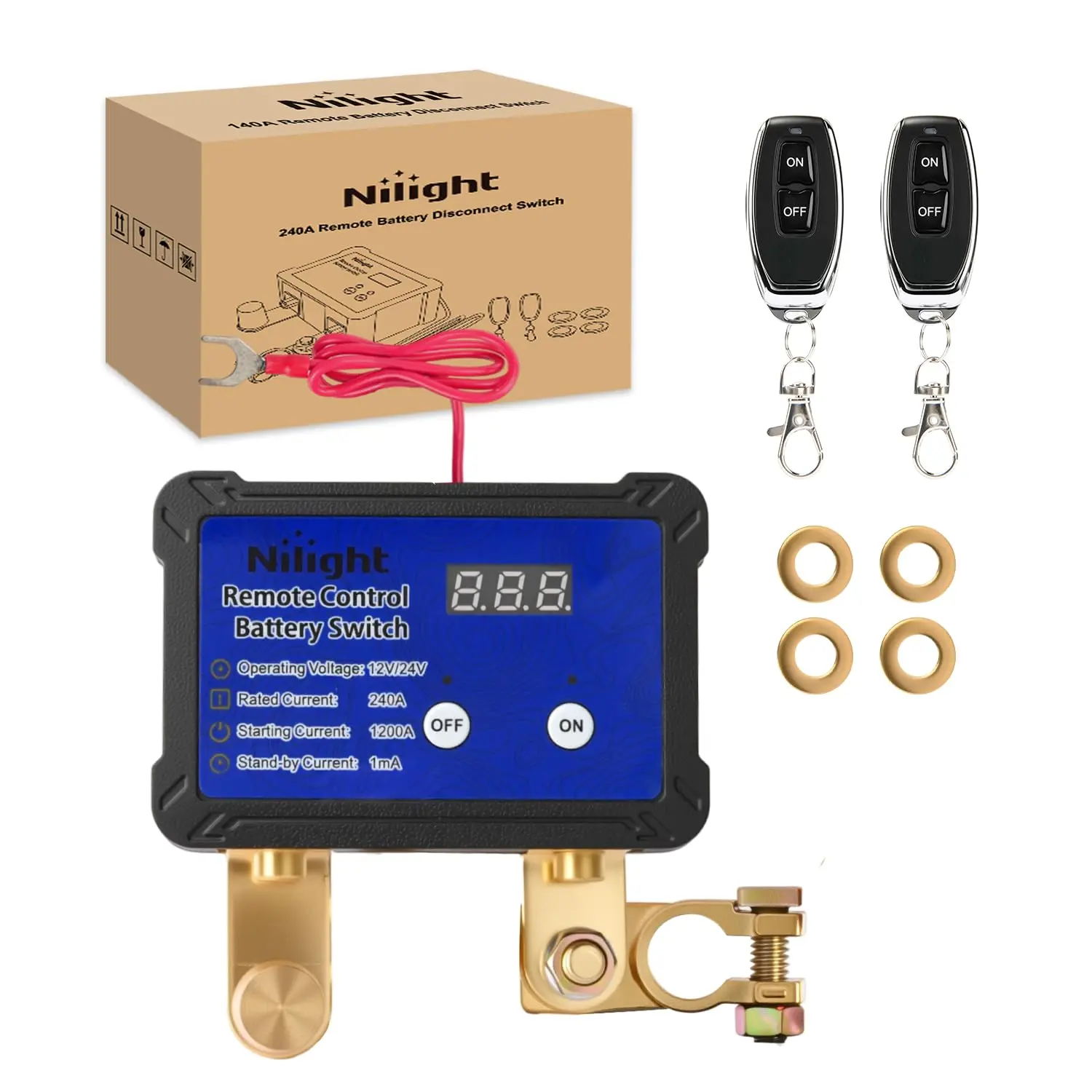 Nilight 240A Remote Battery Disconnect Switch 12V 24V Car Smart Anti-Theft Kill Switches Upgrade Prevent Power Drain Wireless Remote Control Relay Fobs Voltmeter Display for Auto Cars Truck RV Boat