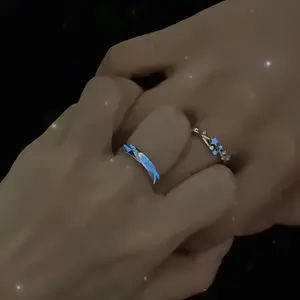 2pcs Set Women's Fashion Open Ring, Cross-border New Style Starry Night Couple Glow-in-the-dark Rings, Niche Design High-end Dark Fluorescent Rhinestone Rings, Adjustable Unisex Couple's Hand Rings, Gift for Eld, Gift for Ramadan