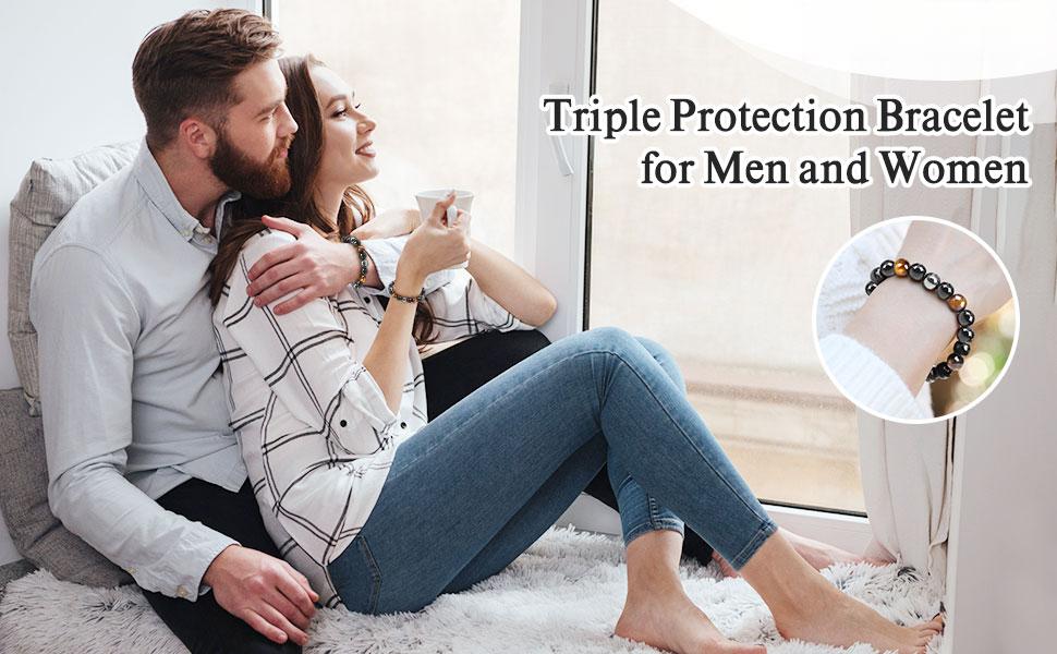 Triple Protection Bracelet, Tigers Eye - Black Obsidian and Hematite Beaded Bracelets for Men Women, Tourmaline Spiritual Natural Crystal Stone Luck Bracel Triple Protection Bracelet, Tigers Eye - Black Obsidian and Hematite Beaded Bracelets for Men Women, Tourmaline Spiritual Natural Crystal Stone Luck Bracel