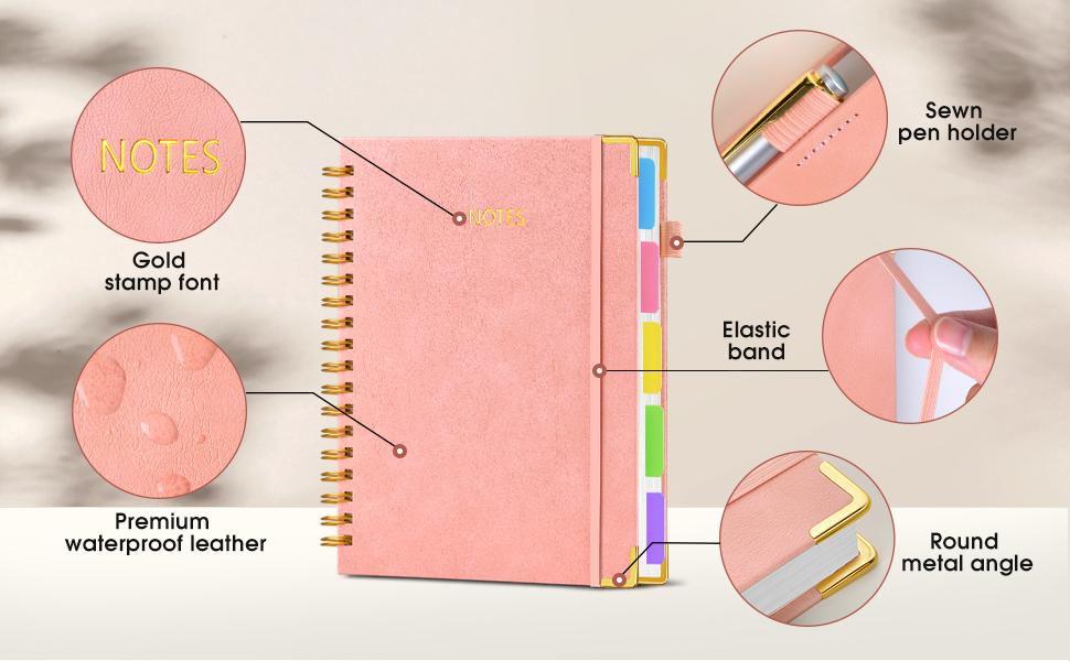 Hardcover Spiral Notebook Journal with Removable Dividers Tabs, 300 Pages Leather 5 Subject Notebook College Ruled, 8"x10" Large B5 Notebooks for Work School Note taking, Lined Journal for Women, Pink