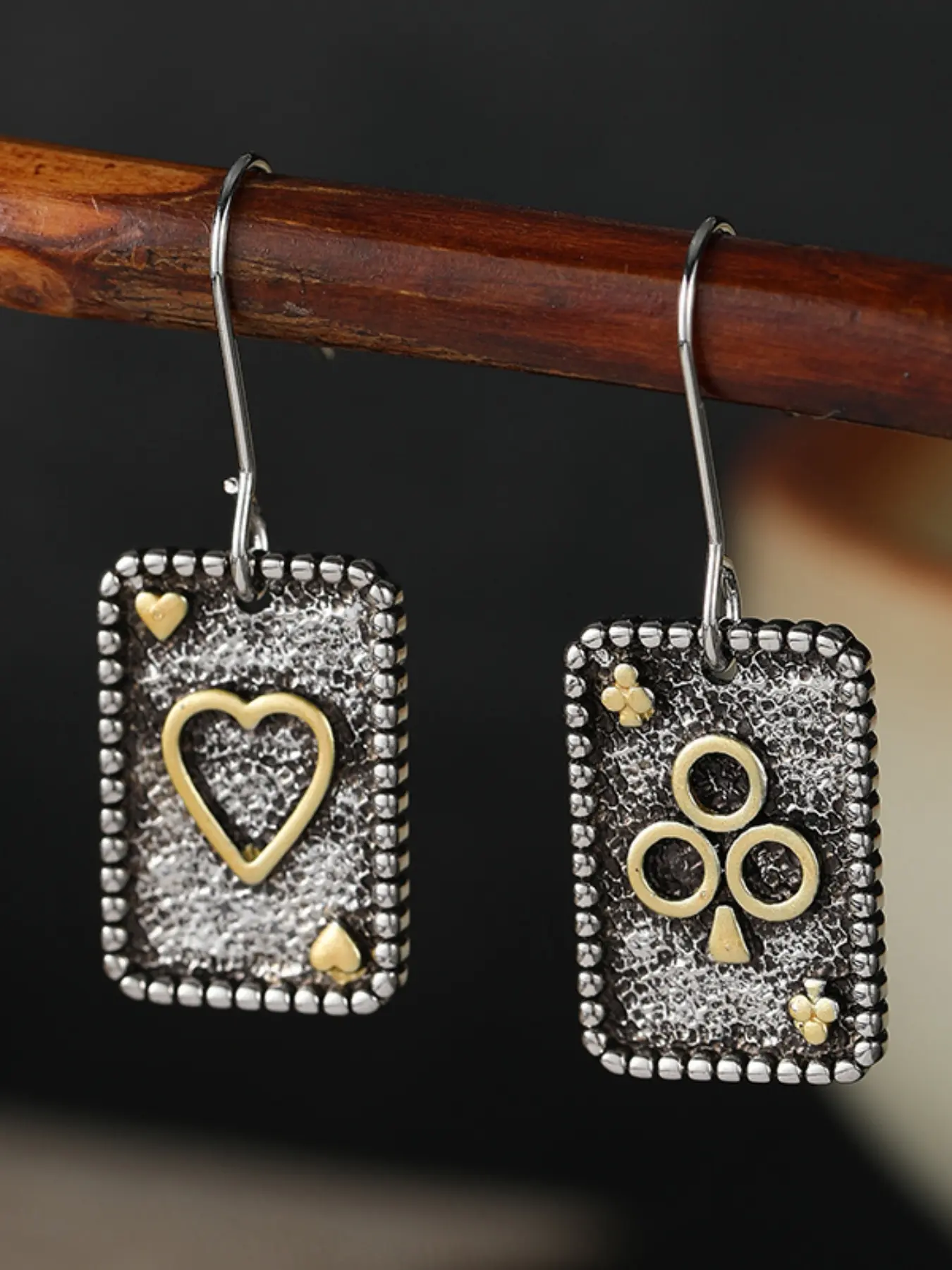Vintage Two-Tone Poker Card Heart Club Square Dangle Earrings, Retro Beaded Border Embossed Playing Card Long Hook Earrings
