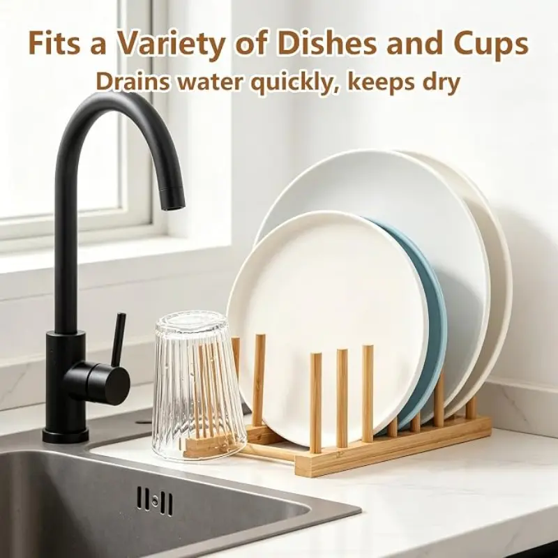 2-Piece Bamboo Storage Rack, Holds Bowls, Plates, Cups, Books, Pots, Cutting Boards, Ideal for Kitchen Countertop or Cabinet Organization, Dishrack for Kitchen Counter
