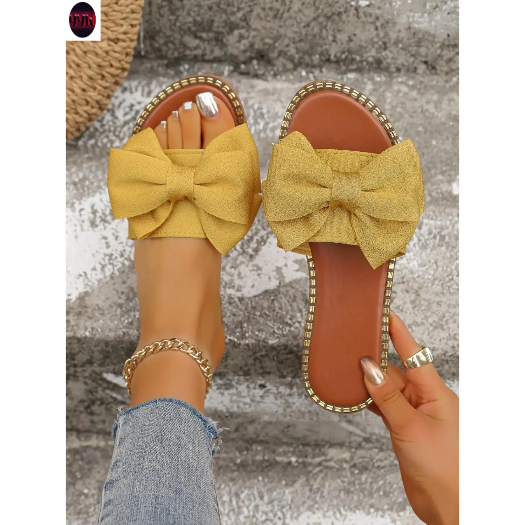 YYW1 Women's Flat Bottom Bow Sandals, Lightweight Cloth Outdoor, Pure Color Comfortable Shoes, Bow Decorated Sandals, Footwear