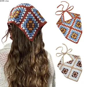 Women's 2-Piece Vintage Floral Crochet Bandana Set, Boho Knitted Head Scarf & Headband, Cottagecore Hair Kerchief Headwrap for Women, Soft Lightweight Handmade Look, Festival Outfit Accessory for Beach, Vacation, Daily Wear