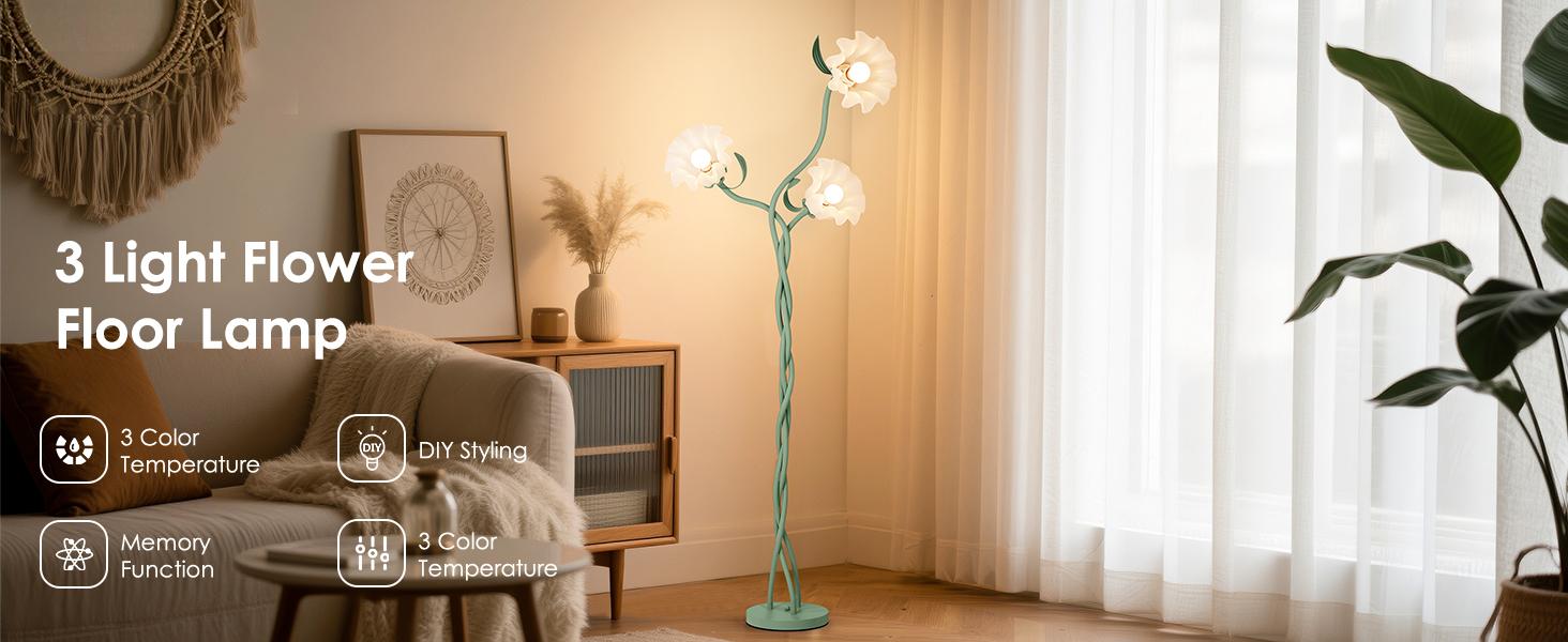 Floor Lamp for Living Room, 3 Lights Green Flower Lamp, Modern Tall Standing Lamp with 3 Color Temperatures Flexible Gooseneck, Mid Century Vintage Tree Floor Lamp for Bedroom Office