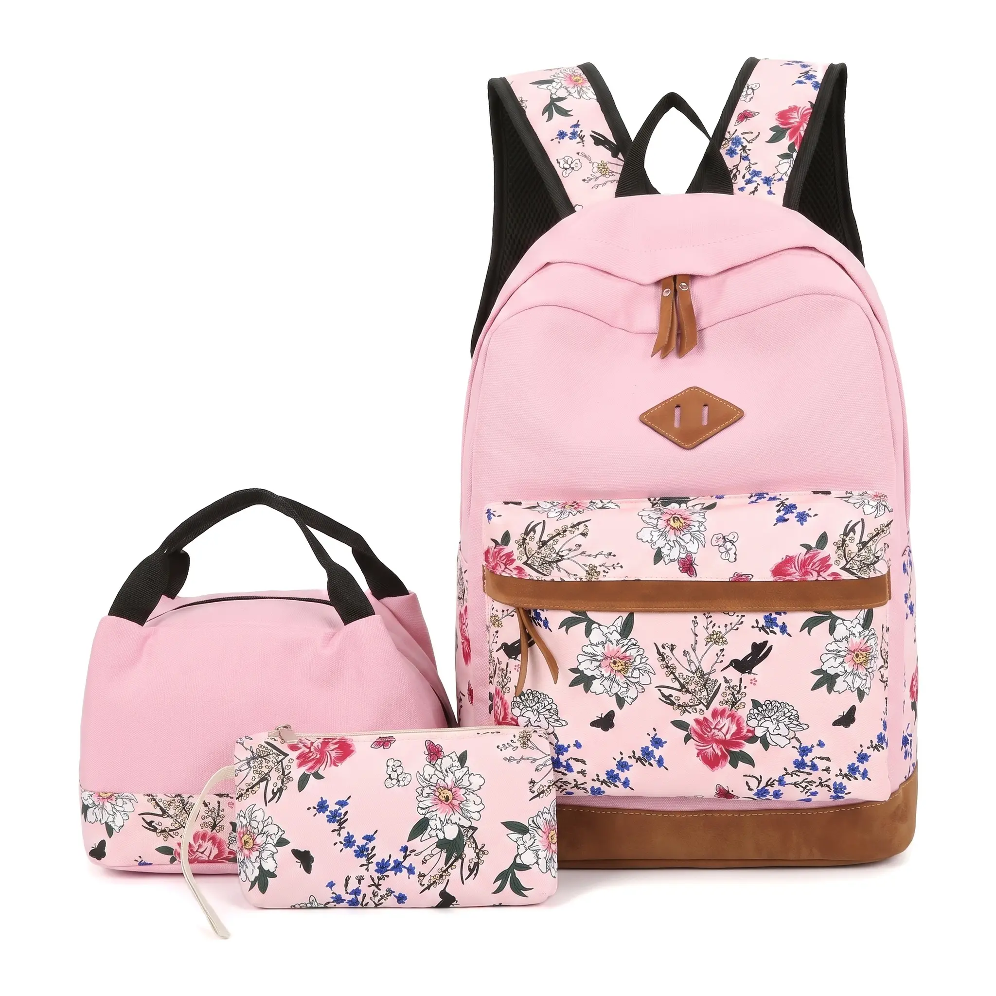 Casual Backpack Set Of Three Large Capacity Student Backpack Japanese Style Floral Print For Women Breathable Oxford Fabric Wear Resistant