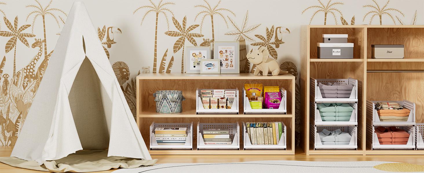 SNSLXH 5 Pack Stackable Closet Storage Basket, Multifunctional & Foldable Closet Organizer for Bathroom Kitchen Laundry Room Wardrobe Storage, Space-Saving Clothes Storage Drawer Organizer, White