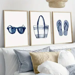 3 Pieces Coastal Beach Watercolor Summer Sunglasses Beach Bag Flip Flops, Canvas Wall Mural, Cool Ocean Home Art, Nautical Gallery Decor, Blue Tone Painting, Wall Decor for Living Room and Bedroom, Framed or Unframed.