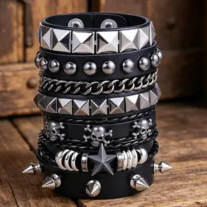 5Pcs Punk Gothic Pu Leather Bracelet Set, Multi-Layer Wide Cuff Wristbands with Studded Chains, Skull & Star Charms, PU Leather Suitable for Party, Daily Wear, Valentine' Gift, Adjustable for - Jewelry, for Teenager