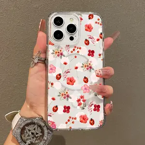 Soft Girl Magnetic Case for iPhone11/12/13/14/15/16/17/promax, Ladybug Red Wildflower Lightweight, Drop-Proof, MagSafe Compatible | Perfect for Teen Girls