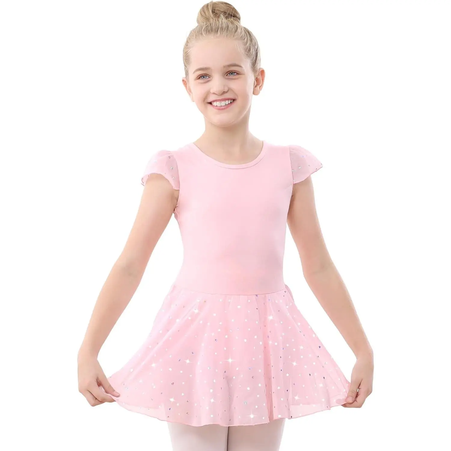 Ballet Leotards for Girls Dance Leotard with Skirt Toddler Pink Ballet Outfit Ruffle Sleeve Kids Dance Dress