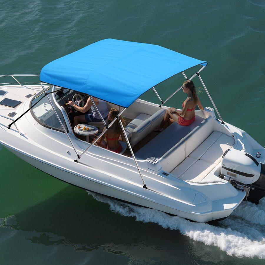 VEVOR 3 Bow Boat Bimini Tops, 600D Polyester Canopy with Aluminum Alloy Frame, Waterproof Sun Shade Boat Awning Canopy with Storage Bag, 2 Support Poles, 4 Straps, 6'Lx(54-60)Wx46H, Pacific Blue