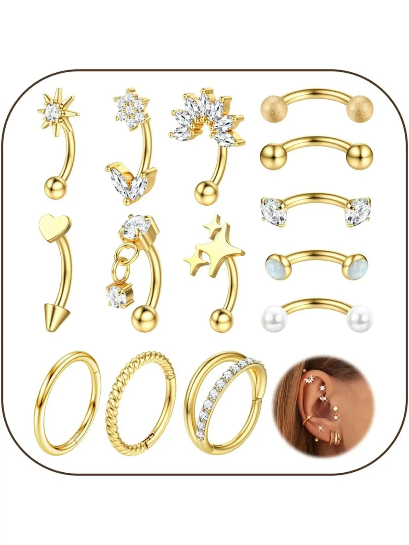16g Rook Piercing Jewelry Surgical Steel Vertical Labret Lip Jewelry Gold Eyebrow Piercing Rook Daith Earrings for Women Cartilage Curved Barbell Daith Surface Tragus Piercing Jewelry 14 Pcs
