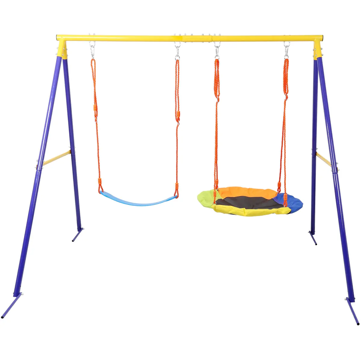 Heavy‑Duty Steel A‑Frame Backyard Swing Set, 440 LBS Capacity Outdoor Swing Stand with Saucer Swing & Belt Swing Seat, Blue & Yellow