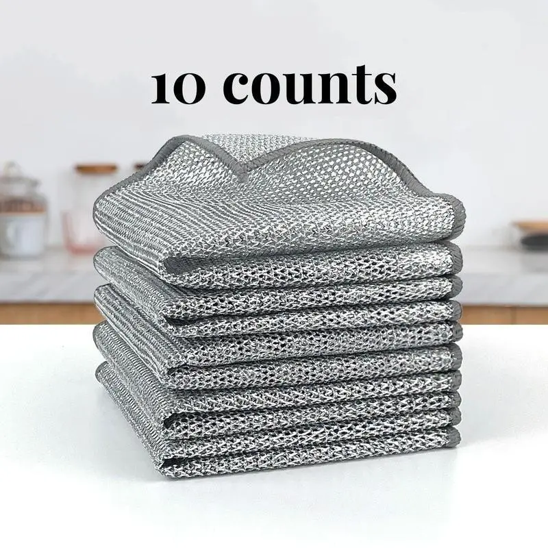 10 Counts Dishwashing Rags��Multipurpose Non-Scratch Wire Dishcloths for Wet and Dry Use, Reusable Wire Cleaning Cloths for Kitchen, Sinks, and Pans Silver Removable, Washable & MoreGift