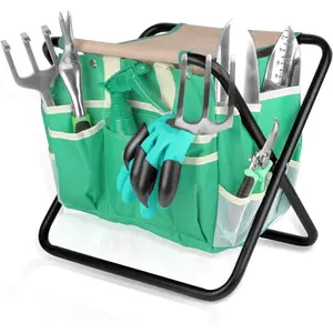 9-piece multifunctional gardening tool set, heavy-duty cast aluminum gardening tool kit, comes with a folding stool and detachable canvas tool bag, durable manual tool gift set, suitable for gardening enthusiasts