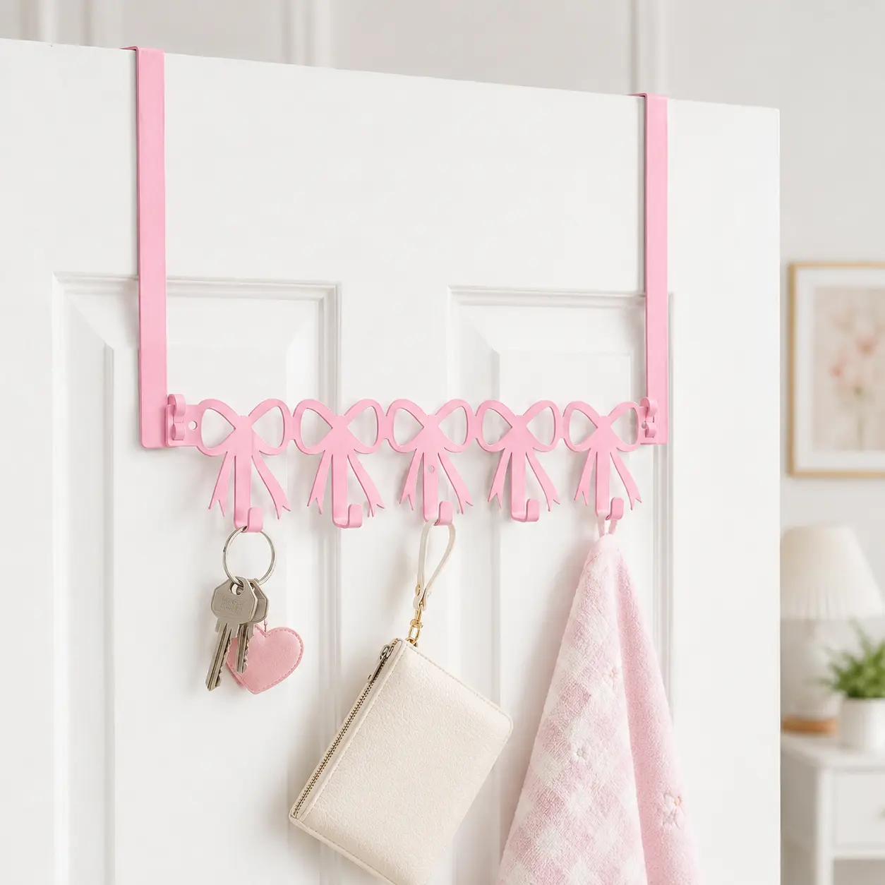 Pink Bow Door Hook, Over-the-Door Hanging Organizer with 5 Hooks, Cute Kawaii Rack for Towels, Hats, Bags, Clothes & Girls Room Decor