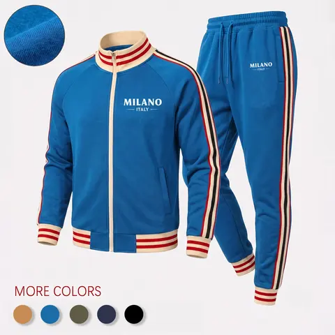Men’s Retro Milano Graphic Two Piece Tracksuit, Zip Track Jacket with Ribbed Trim and Matching Elastic Waist Jogger Pants, Contrast Side Stripe Sportswear Set for Casual Wear, Walking and Travel