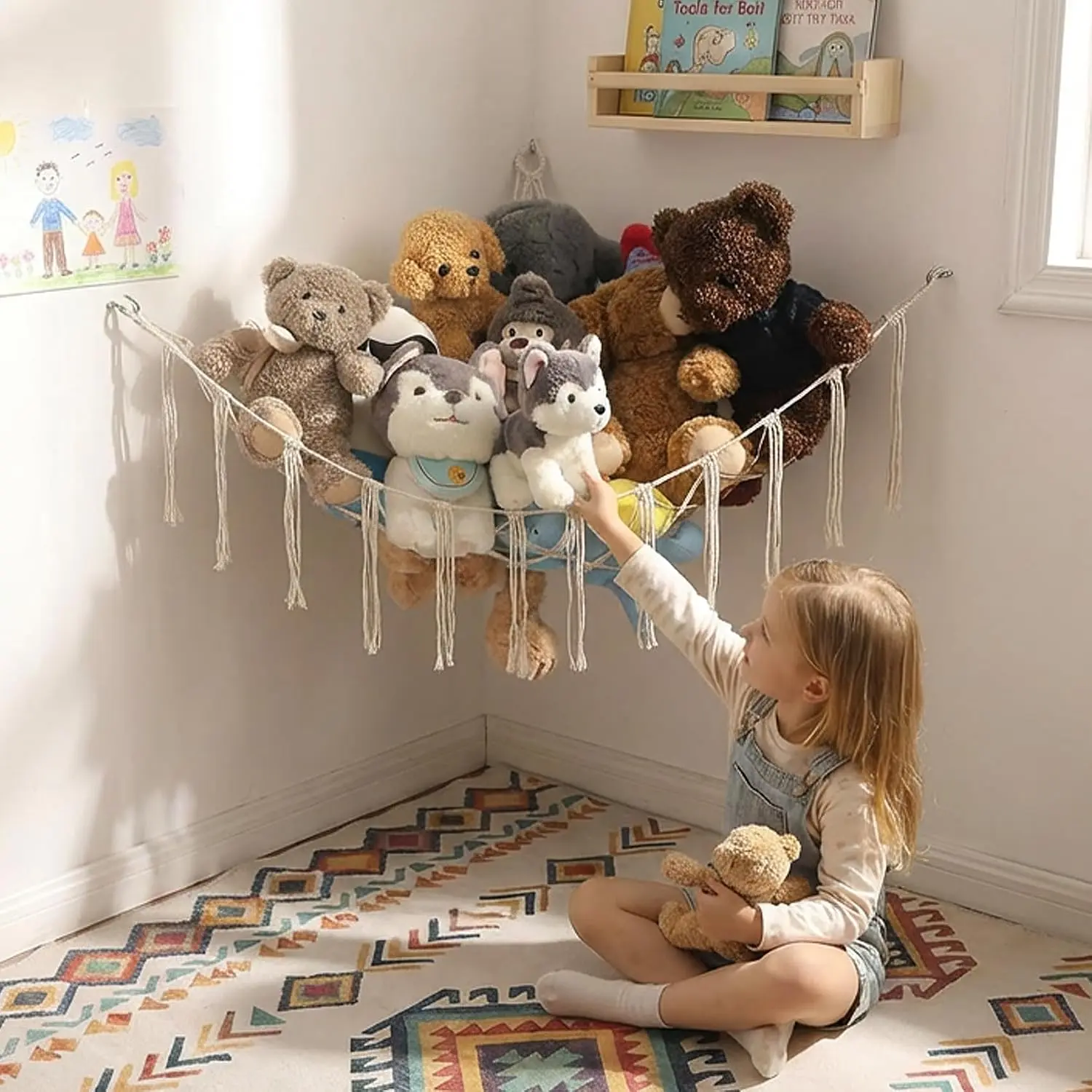 Stuffed  Hammock Corner  Net Macrame Stuffed  Storage Plush  Holder  Organizer for Boho  Playroom Bedroom  Room (cream, M)