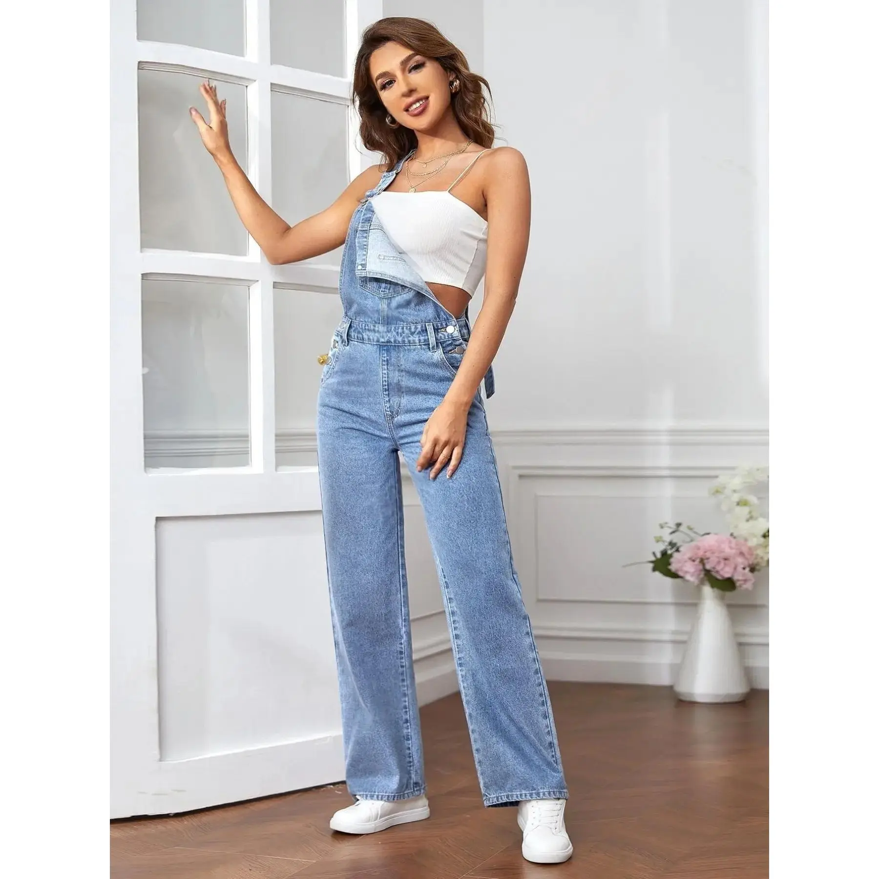 Women's Graceful Y2K Retro Loose Fit Medium Wash Jeans Overall Relaxed Style, Sleeveless, Fashion, Adjustable Straps, Multi-Pocket Design, Casual Everyday Daily Wear, Vintage Wide Leg Jumpsuit, Utility Pockets, Chic Look