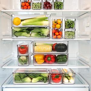 4 Pack Fridge Organizer, Stackable Refrigerator Organizer Bins with Lids, BPA-Free Fridge Organizers and Storage Containers for Fruit, Vegetable, Food, Drinks, Cereals, Clear