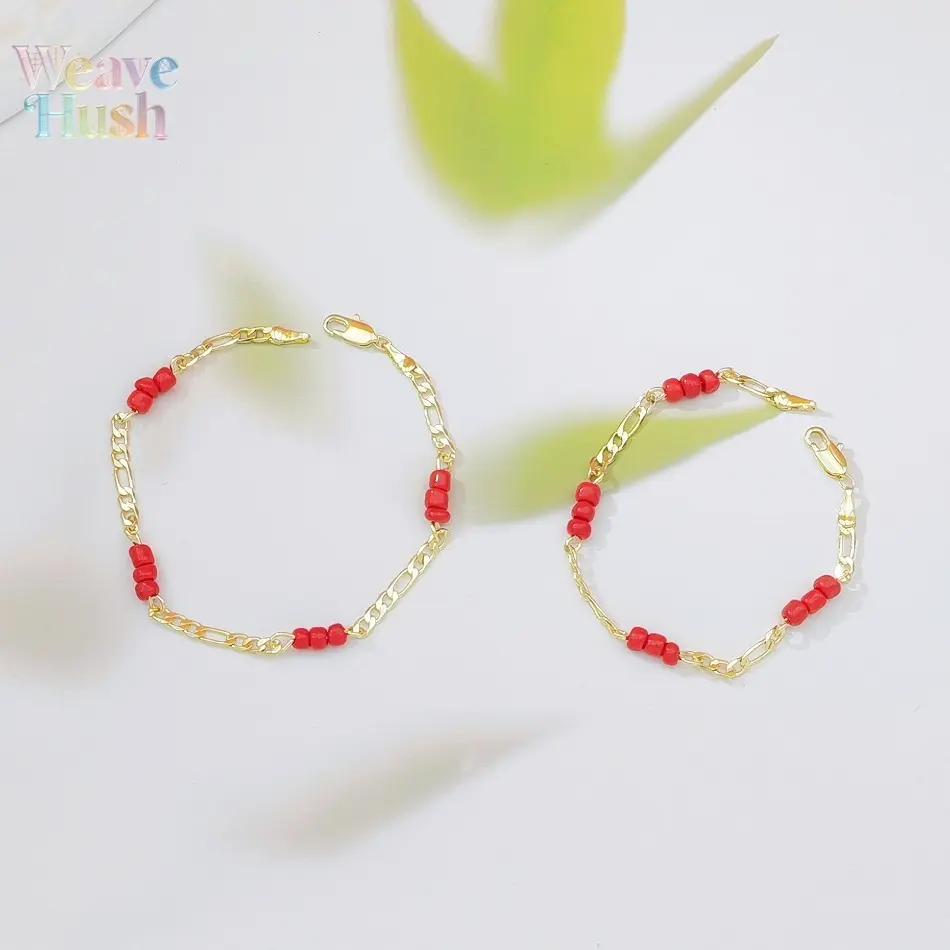 Parent-Child Beaded Bracelet Set, 2Pcs 18K Gold Plated Copper Spliced Chain Bangles with Faux Agate Beads, Trendy Versatile Matching Jewelry, Ideal Daily Accessory for Family Casual Outfits, Vacation Styling & Thoughtful Holiday Gifts