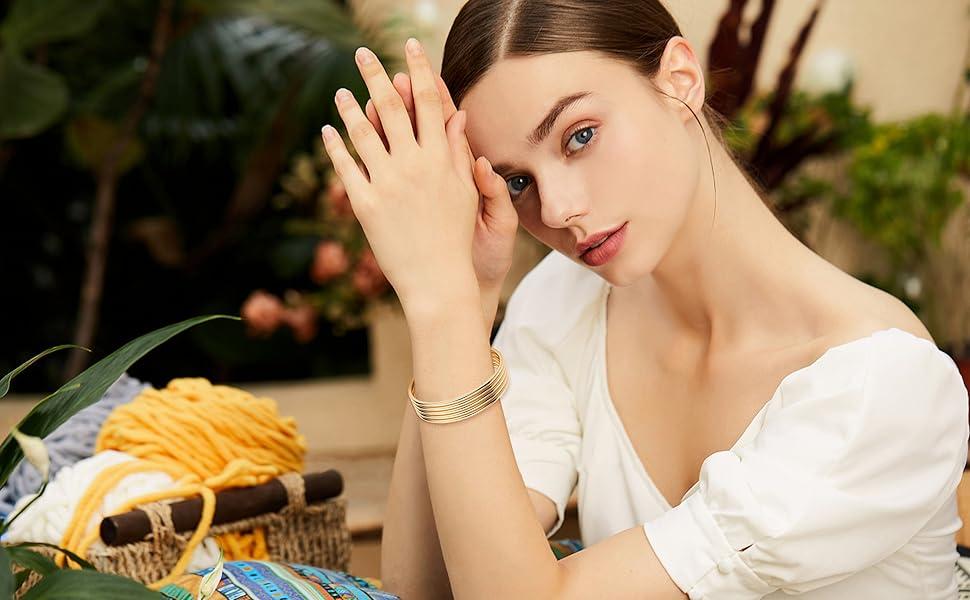 YADOCA 3mm 14K Gold Plated Bracelet Stainless Steel Glossy Thin Round Bangle Bracelet for Women Oval Solid Stackable Bracelets Set