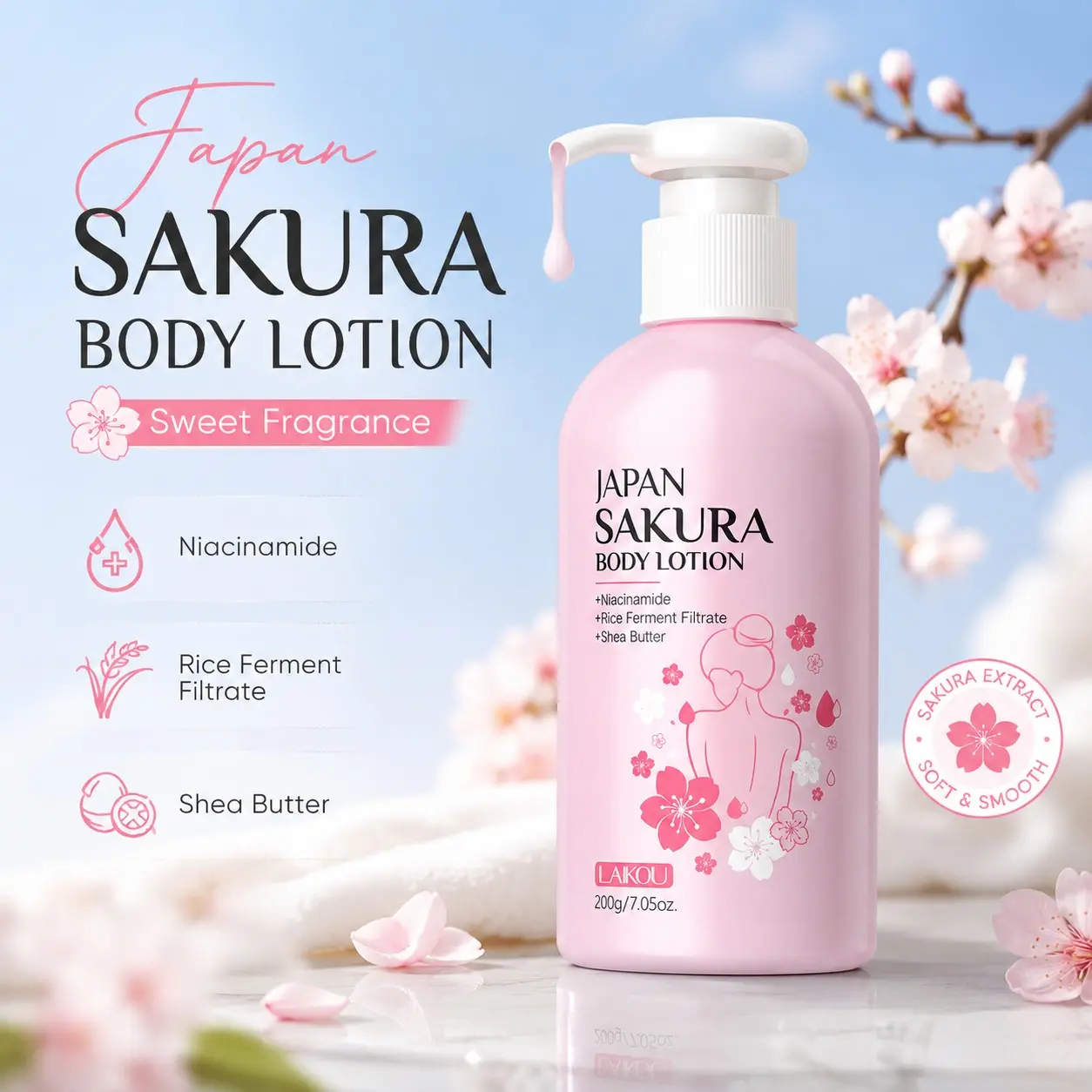 Sakura Body Lotion 200g Cherry Blossom Niacinamide Brightening Hydrating for Dry Dull Skin Post Shower Daily for Women Fast Absorbing Floral Scent Glowing Skin Essential