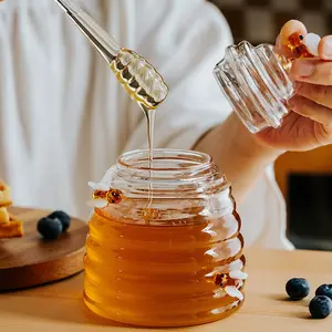 Elegant Bee Theme Honey Jar with Integrated Dipper, High Borosilicate Glass Container, Sealed Lid, Heat Resistant, Kitchen Decor, Gift Idea
