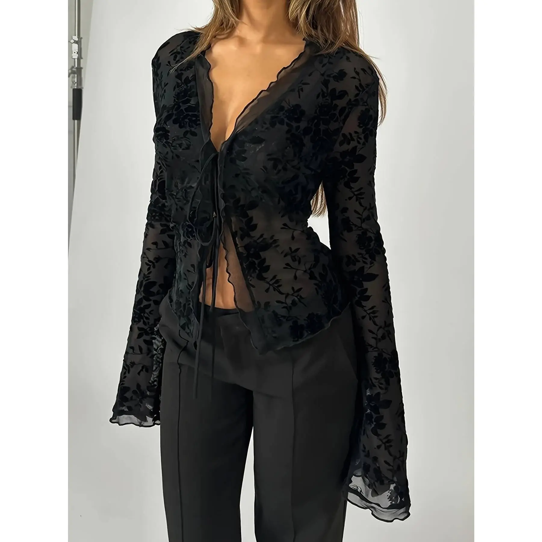 Women's Elegant Polyester Knit Fabric Lady's V-Neck Blouse - Sexy Floral Embroidered Mesh Top with Ruffled Flared Dolman Sleeves, Drawstring - Ideal for Date Night, Shirts, Elastane, Dry Clean, Embroidery, V-Neck Cut, Sexy Look, Ruffled Flares, Mesh Semi-