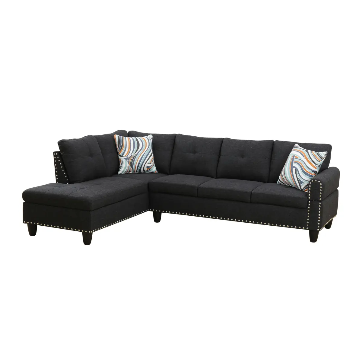 Black Left-Facing Traditional Faux Leather 4-Seater L-Shaped Sectional Sofa with Tufted Arms, Cup Holder, Nailhead Trim