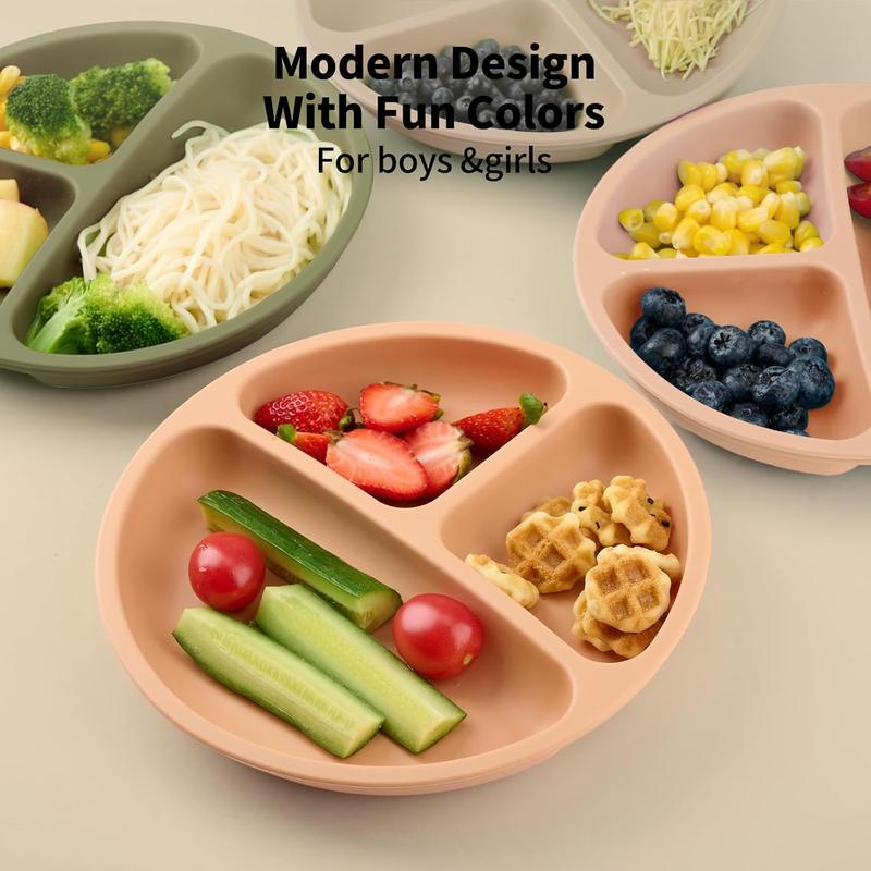 Silicone Baby Feeding Bowl with Suction Cup, 3-grid Design Baby Feeding Plate, Microwave Safe & Non-slip Food Container for Home & Outdoor