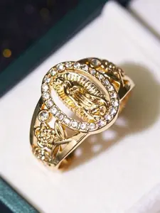Blessed Our Lady faith ring with crystal frame and rose carving, beautiful rings, symbolizing protection and prayer. Sizes US6 to 10. Sentimental spiritual souvenir gift for wife, girlfriend and devout Catholic friends on all holidays.