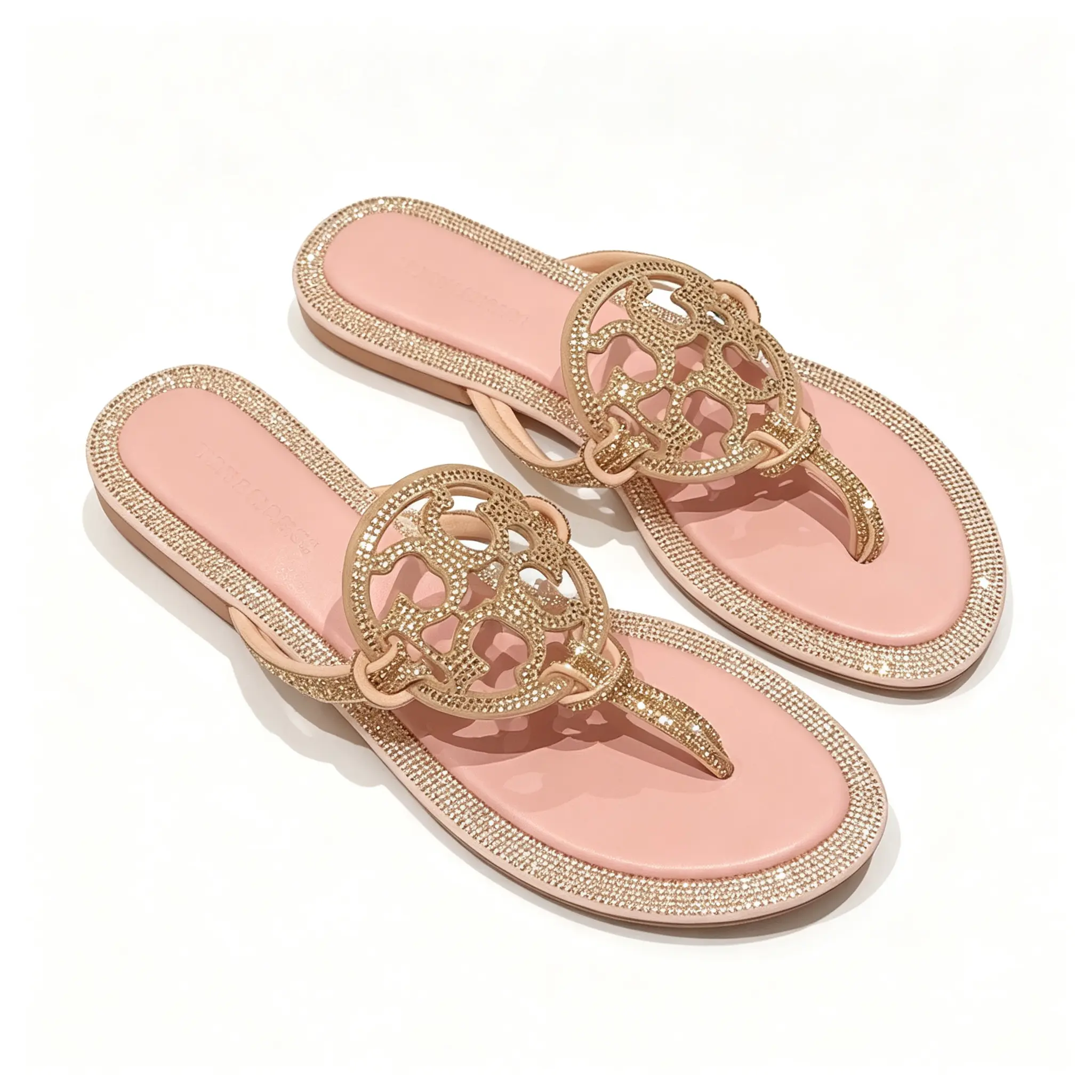 Women's Stylish Crystal Rhinestone Decor Flip Flop Sandal - Padded Pink Insole, Sparkling Border, Lightweight Rubber Shoe, Walking Shoe for Pool, Beach Vacation, Daily Wear, Walking Shoes