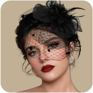 Fascinators Hats for Women Tea Party Hat Feather Mesh Headband Vintage Lace Cocktail Headwear Veil Hair Clip ChurchGift.
