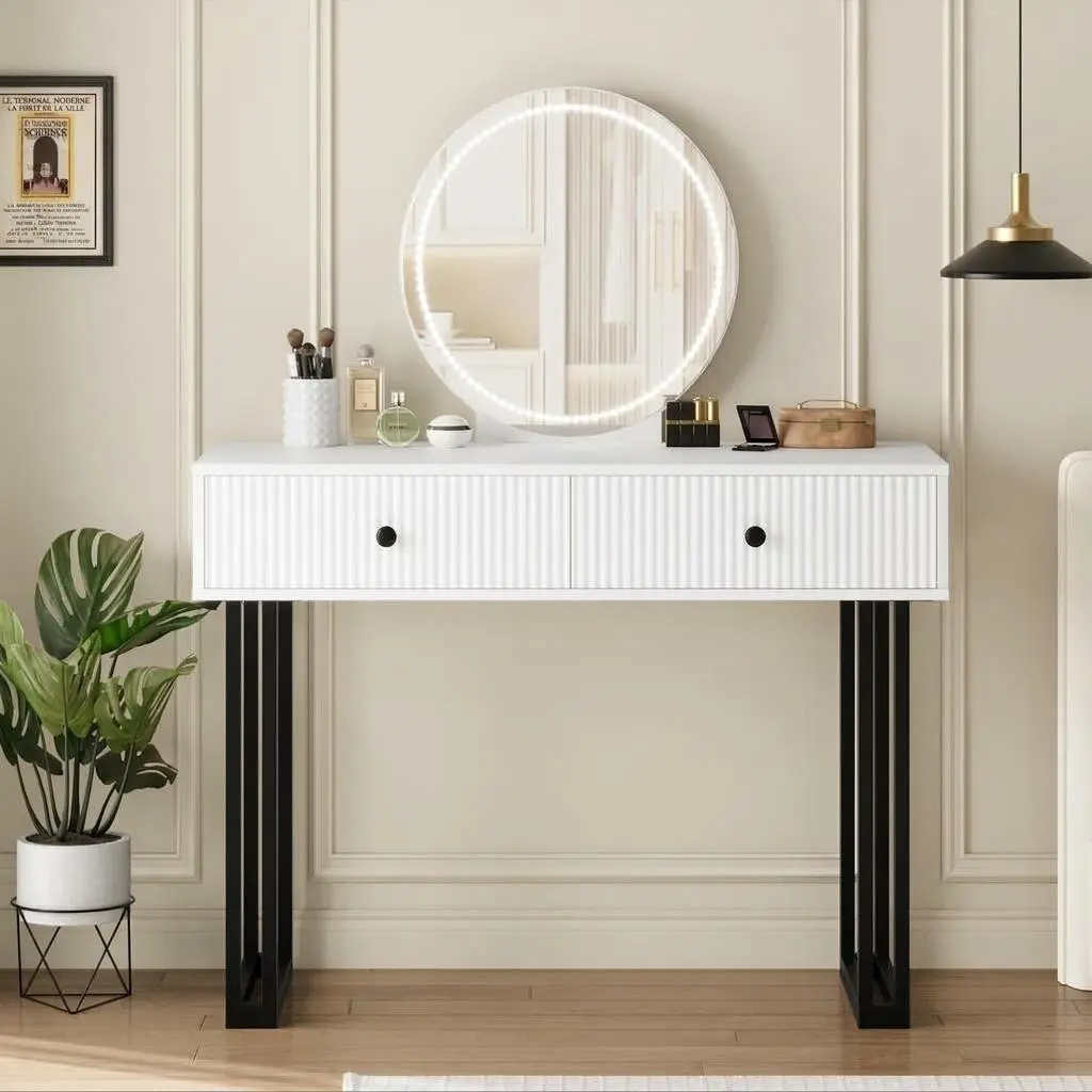 Light Up Mirrored Makeup Vanity Furniture - Wooden Contemporary Dressing Table with 2 Drawers, 3 Color Adjustable Brightness for Bedroom, Light Up Makeup Vanities