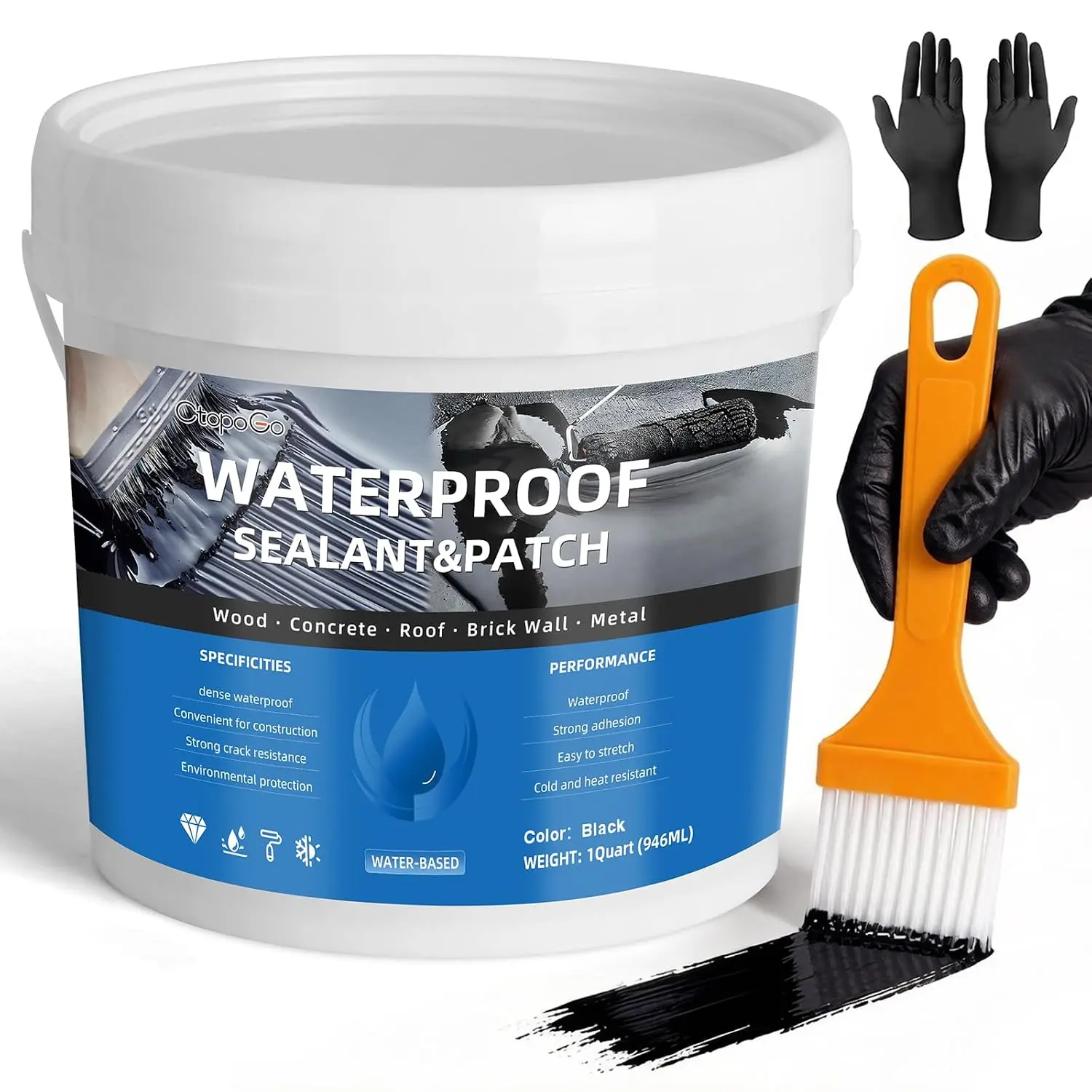 Black  Sealant Coating 1 Quart | Flexible Rubberized Membrane, Roof, Foundation, Concrete, Gutters, RV, DIY Leak Repair, Water-Based, Multi-Surface Sealer