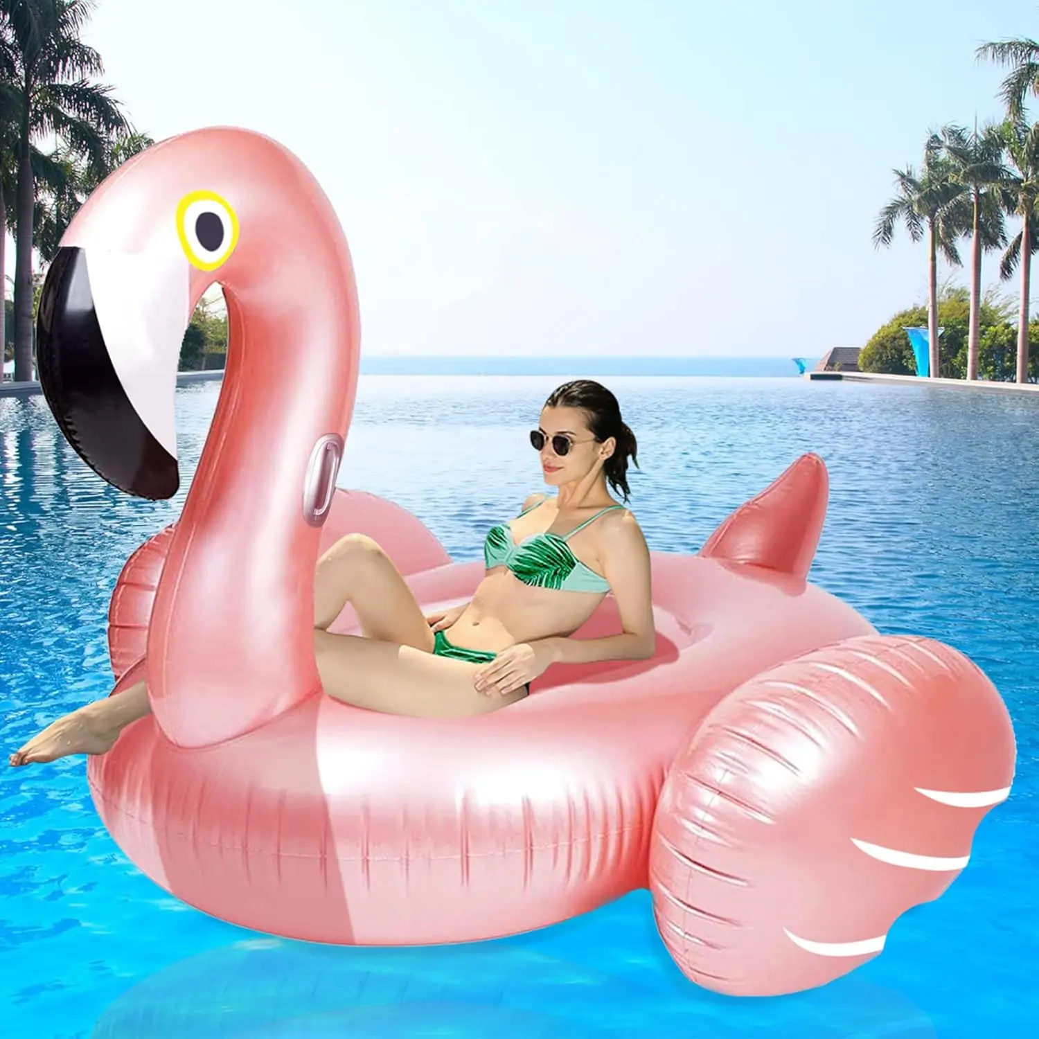 Giant Inflatable Flamingo Ride On Pool Float, Blow Up Pool Floatie with Fast Valves Swimming Floating Raft, Lounge, Summer Party Decorations Toys for Adults, Large