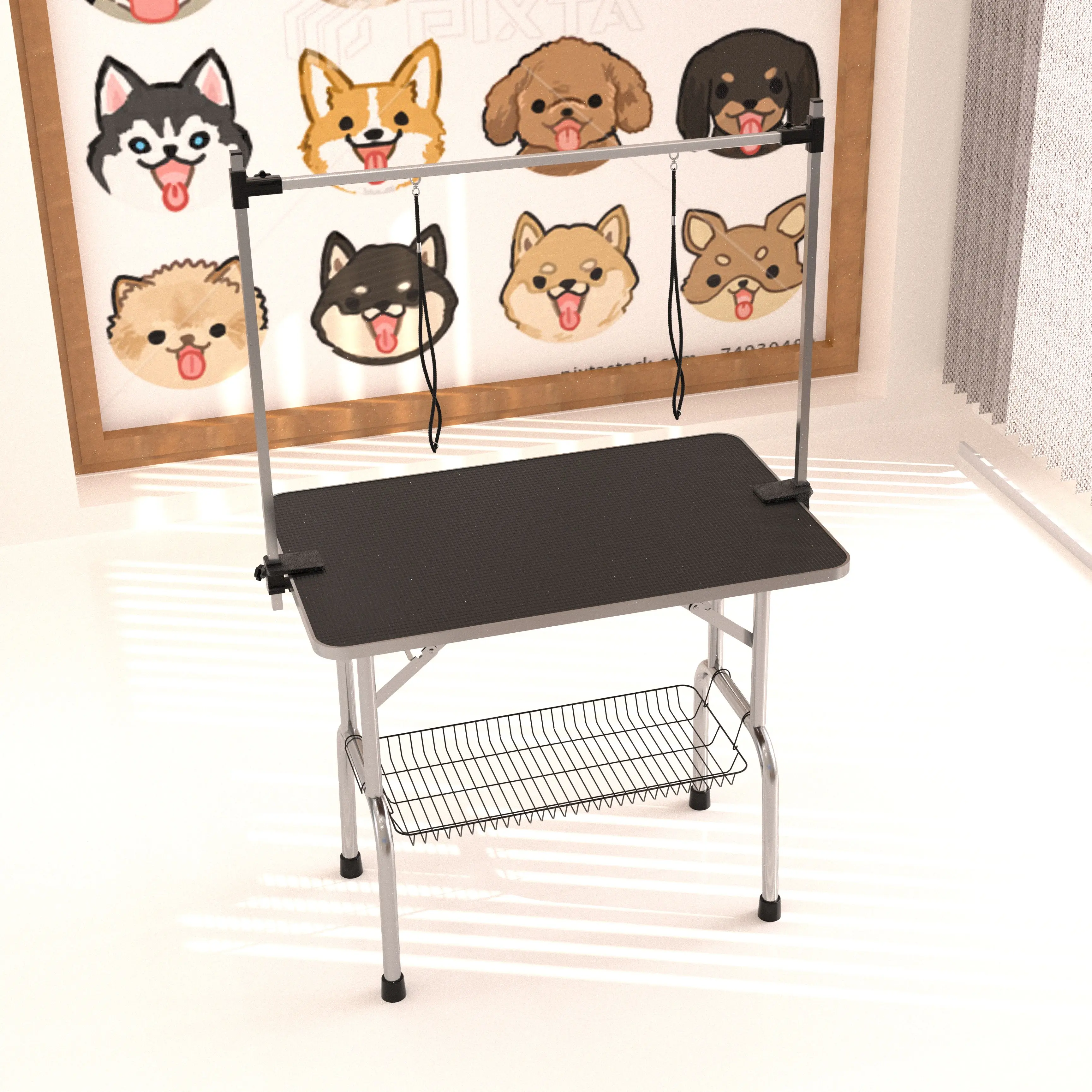 ARCH Professional Large Adjustable Height Dog Grooming Table - Heavy Duty, Portable Setup, Stainless Steel Legs, Ribbed Rubber Surface, Arm & Noose & Mesh Tray, 24W x 46D x 30H Inches, Black, for Home & Salon Use