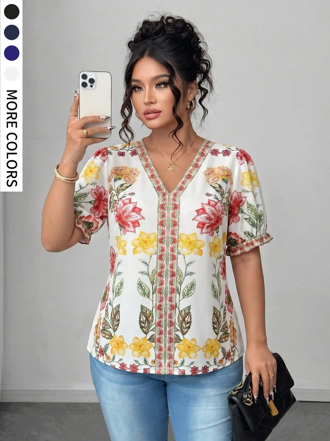 Plus Size Women's Loose Chic Floral Printed Pleated Shirt Blouses, V Neck, Lantern Sleeves, Casual Daily Wear, Travel, Garden Tea Party, Comfortable, Stylish and Elegant Tops