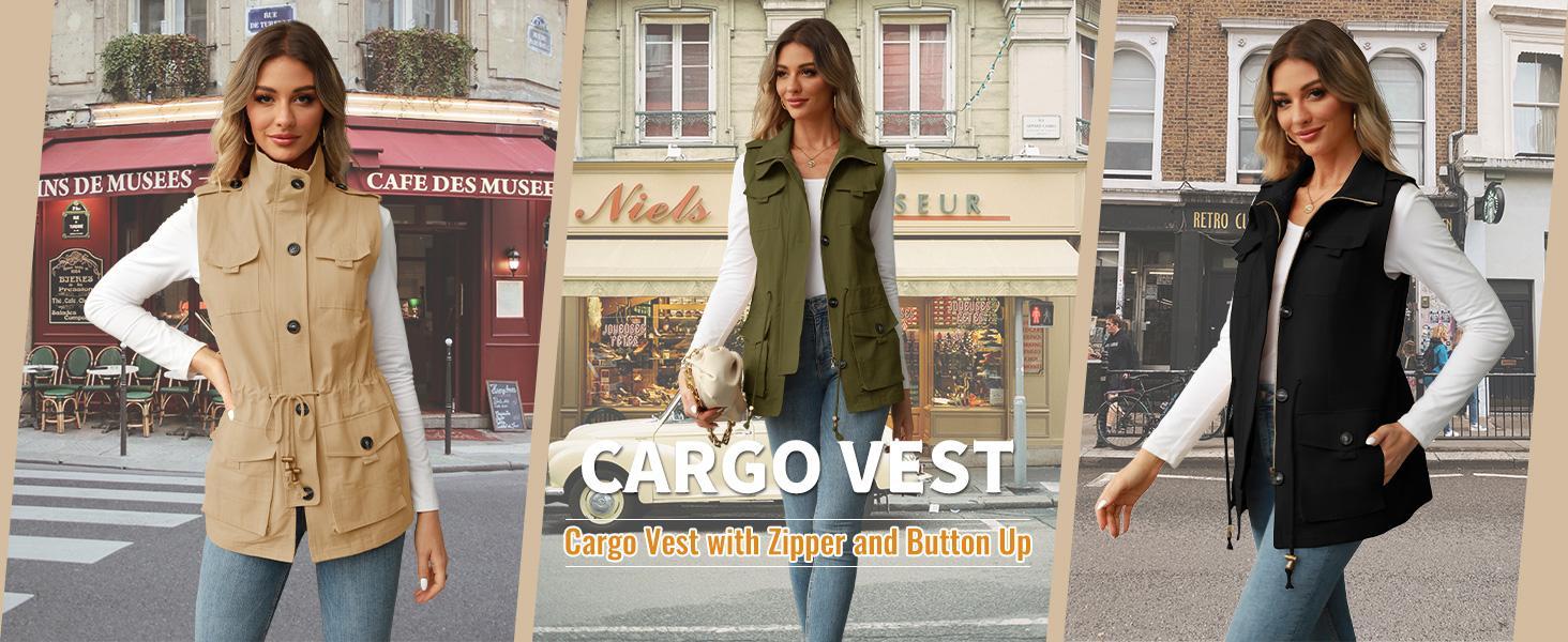 Imily Bela Women's Casual Military Utility Vest Lightweight Sleeveless Drawstring Jackets with Pockets