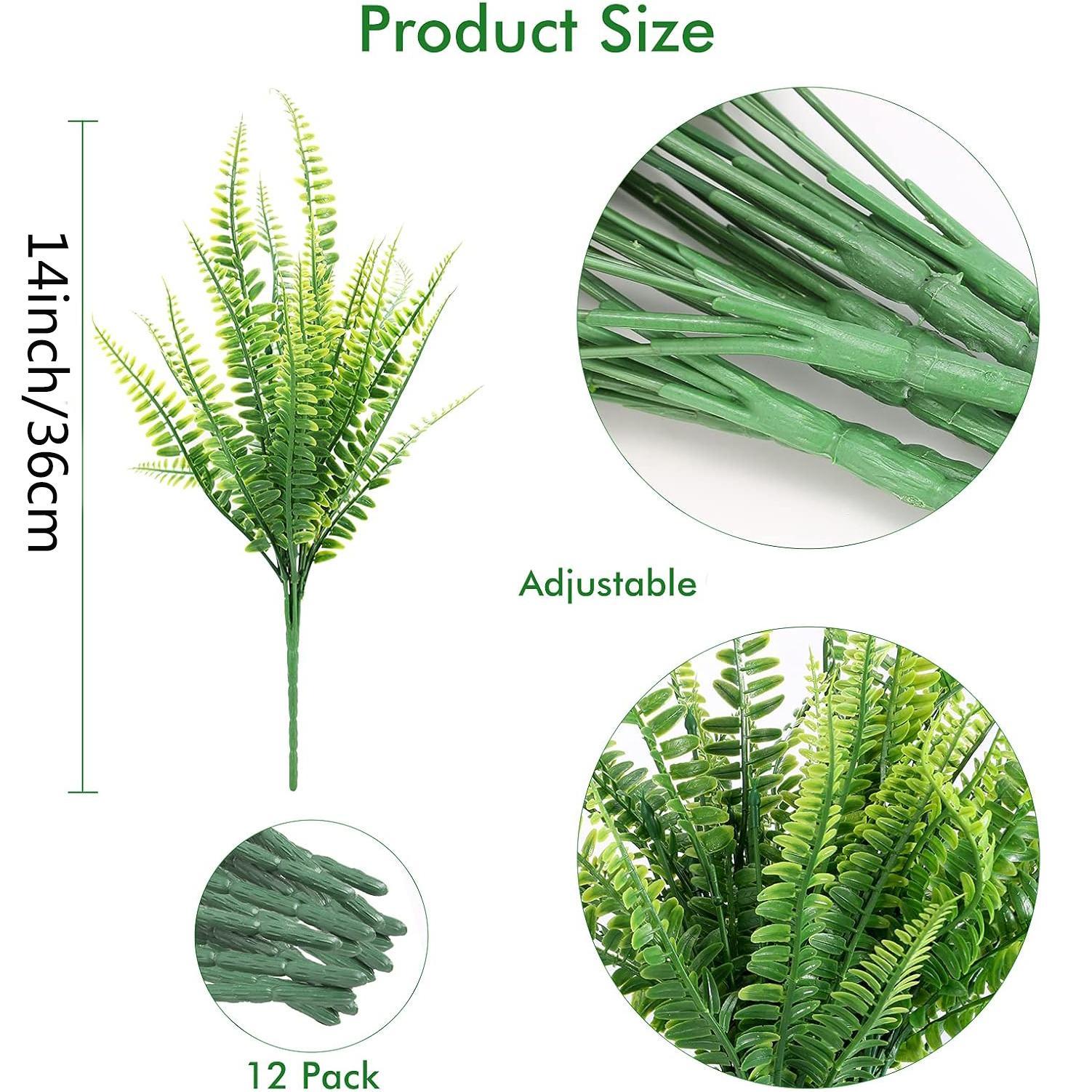 Artificial Boston Fern, 12 Bundles Fake Boston Fern Greenery, Outdoor UV Resistant No Fade Faux Plastic Artificial Hanging Plant, Decorative Garden Porch Window Box Decorations, Artificial Ferns, Artificial Plants