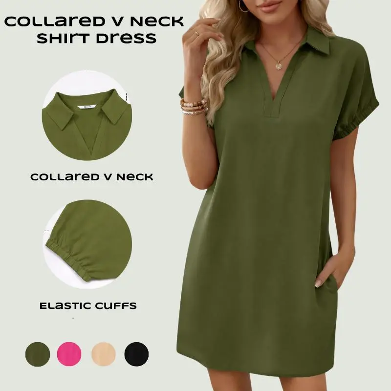 Imily Bela Womens Summer Shirt Dress Casual Short Sleeve Collared V Neck Loose Beach Cover Up Shirts with Pockets