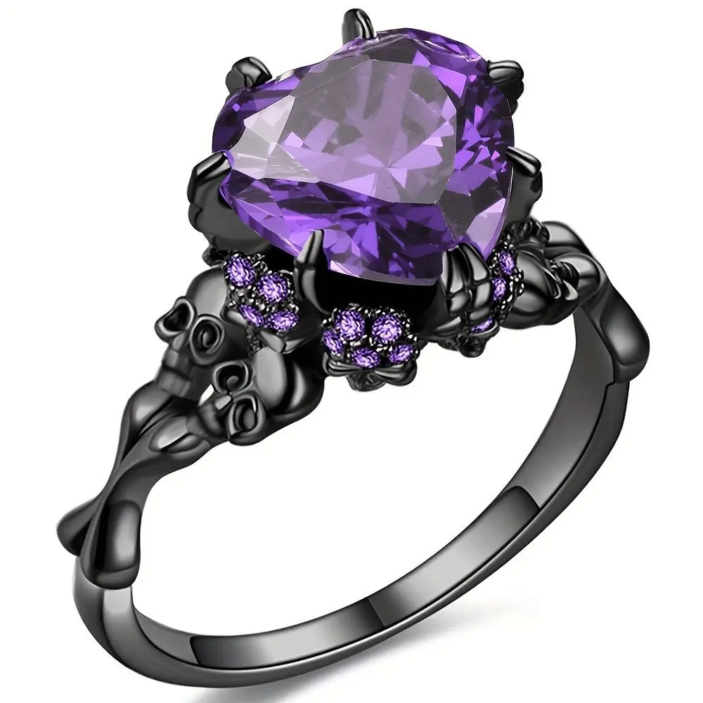 Gothic Style Amethyst Inlay Heart Skull Ring with Cubic Zirconia - Vintage Hip-Hop Design, Halloween Aesthetic, Dark Romance Witchcraft Ring, Ideal Gift for Halloween, Mother's Day Statement Ring