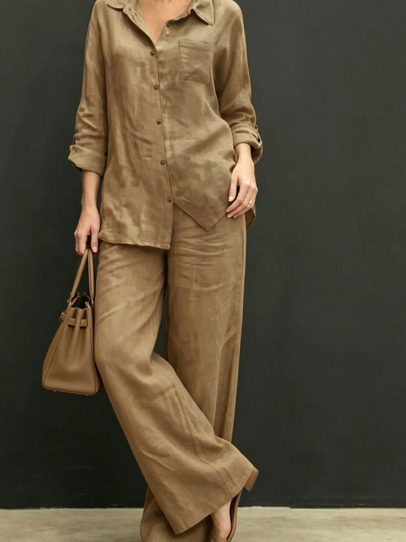 Two piece set of women's fashionable, minimalist and casual style, Loose, Blouse, long sleeved shirt with a collar, straight leg Baggy pants suitable for Everyday daily commuting in all seasons, afternoon tea, outdoor camping