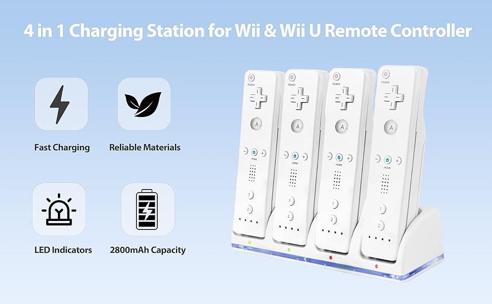 4-in-1 Remote Charging Station Accessories with 4 Pack 2800mAh Rechargeable Batteries, Plugs and USB Cable for Wii/Wii U Controllers (Controllers Not Included)