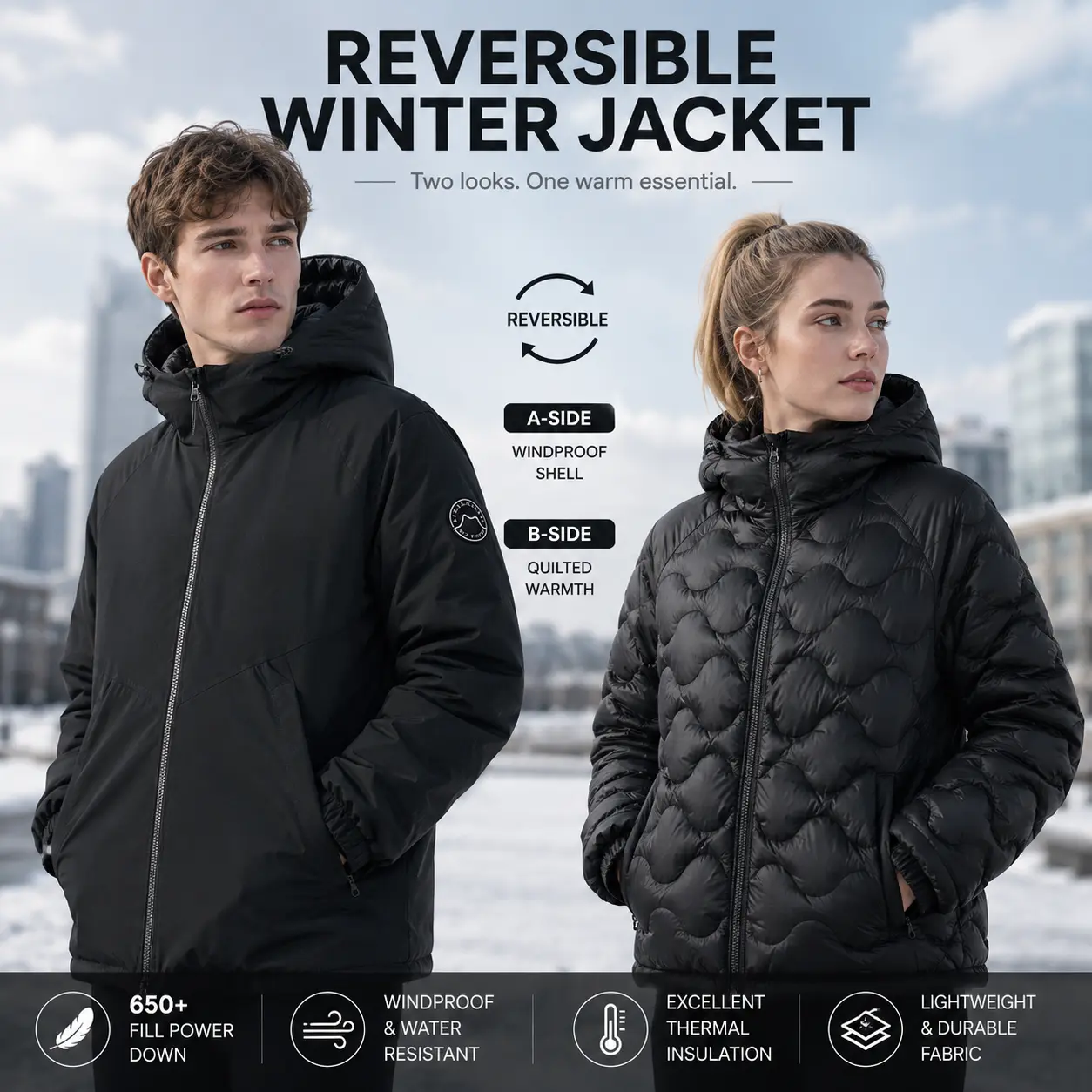 Unisex Reversible Puffer Jacket Men Women 650+ Fill Power Down Winter Coat Hooded Insulated Jacket Windproof Water Resistant Lightweight Quilted Outerwear Full Zip Warm Casual Snow Travel Hiking Cold Weather Black Jacket with Pockets Everyday Wear